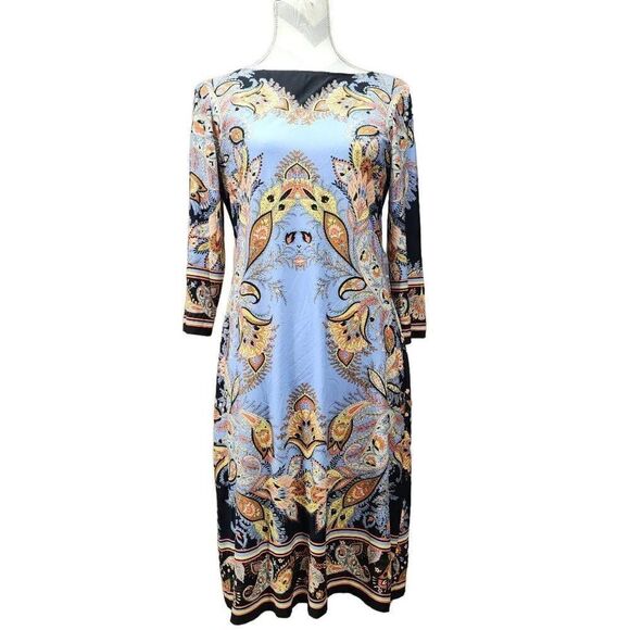 London Times Size 8 Janice 3/4 Sleeve Boat Neck Matte Jersey Shift Dress O11 - Picture 1 of 6